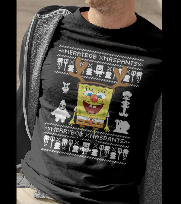 Merrybob Xmaspants Ugly Xmas SpongeBob Reindeer Pixel T-Shirt