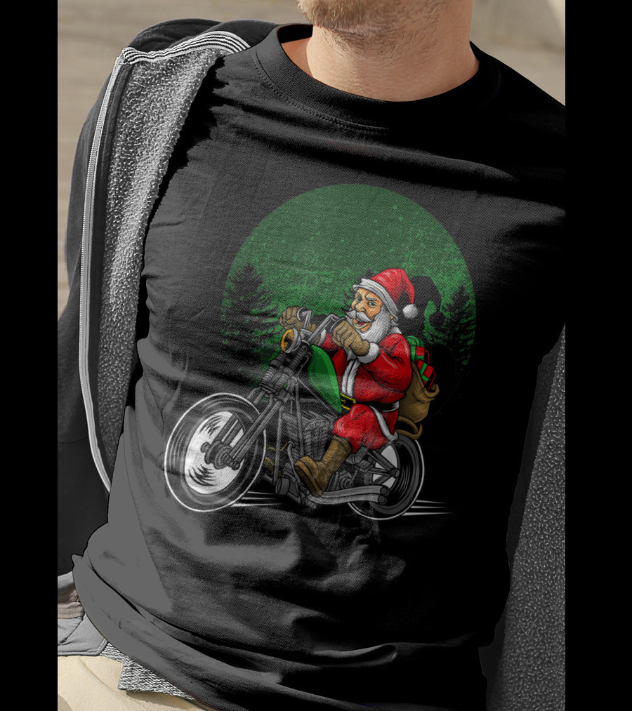 Motorcycle Santa Riding Through Festive Forest T-Shirt