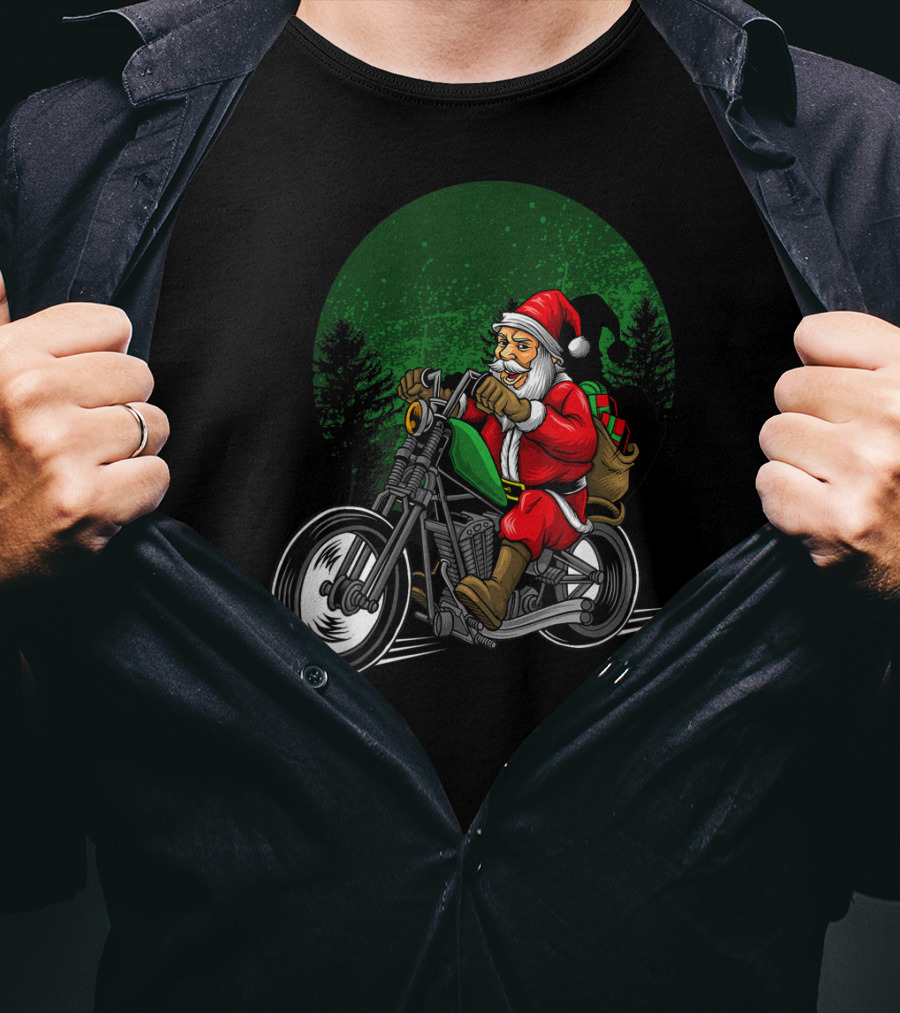 Motorcycle Santa Riding Through Festive Forest T-Shirt