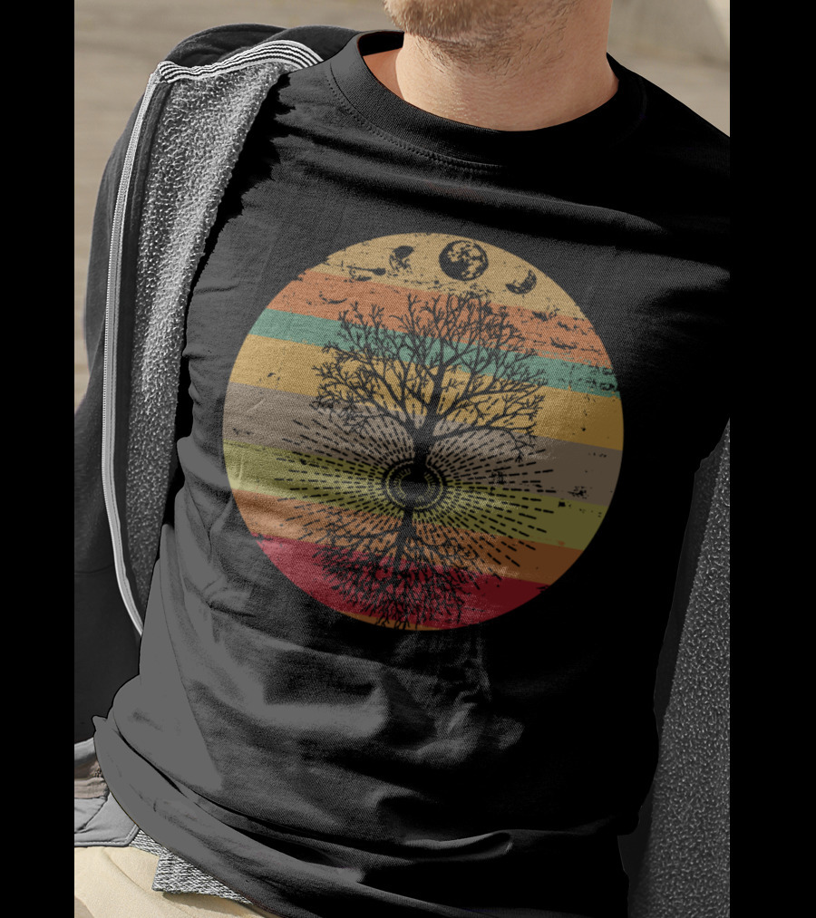 Phases Of The Moon Retro Tree With 60s 70s Vibe Rainbow Stripes T-Shirt