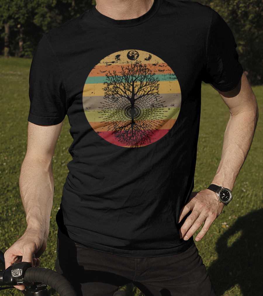 Phases Of The Moon Retro Tree With 60s 70s Vibe Rainbow Stripes T-Shirt