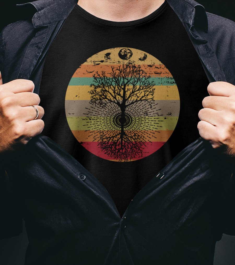 Phases Of The Moon Retro Tree With 60s 70s Vibe Rainbow Stripes T-Shirt