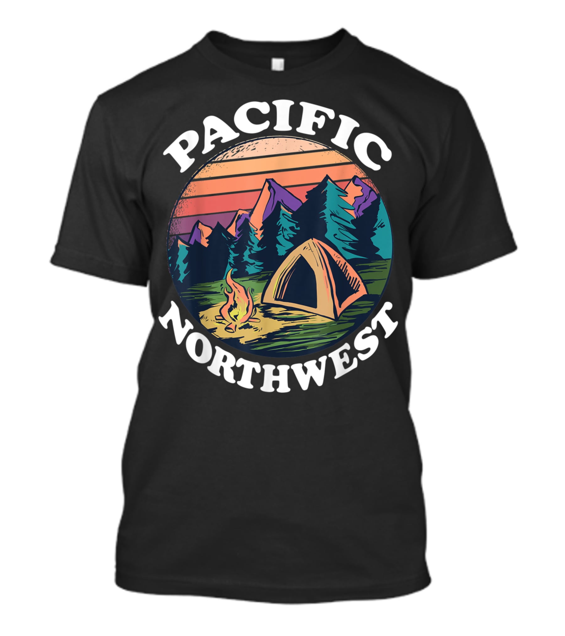 Pacific Northwest Camping Tent Campfire Forest Scene T-Shirt