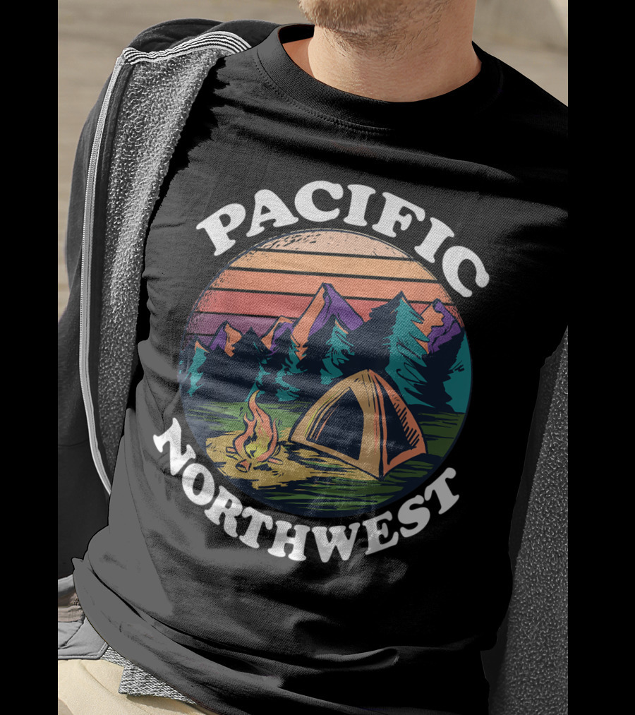 Pacific Northwest Camping Tent Campfire Forest Scene T-Shirt