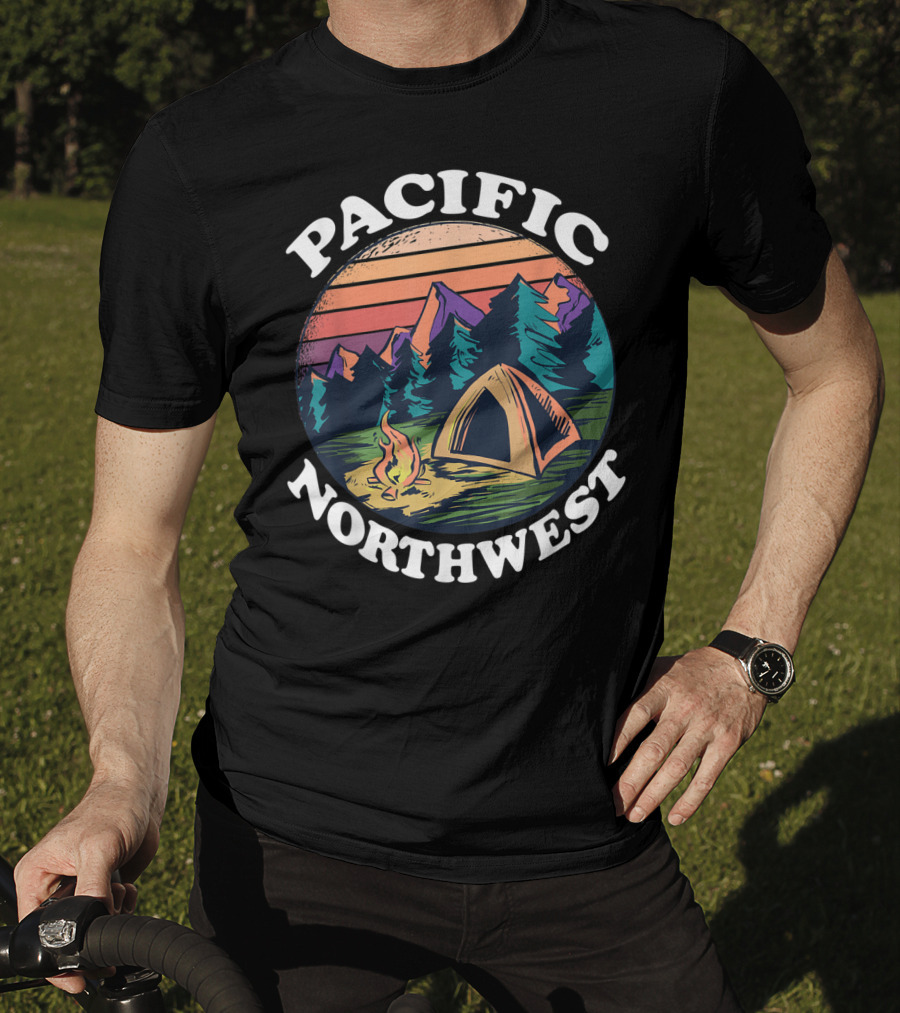Pacific Northwest Camping Tent Campfire Forest Scene T-Shirt