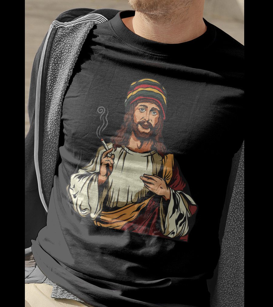 Pot Smoking Jesus Christ Cannabis Weed Rasta Hat Smoking Joint T-Shirt