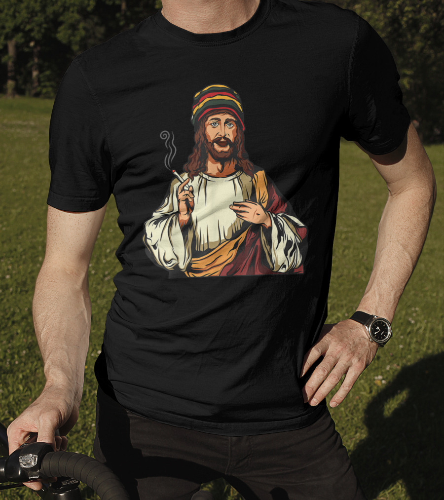 Pot Smoking Jesus Christ Cannabis Weed Rasta Hat Smoking Joint T-Shirt