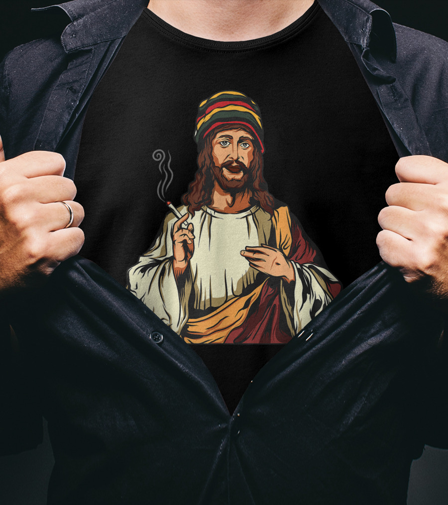 Pot Smoking Jesus Christ Cannabis Weed Rasta Hat Smoking Joint T-Shirt