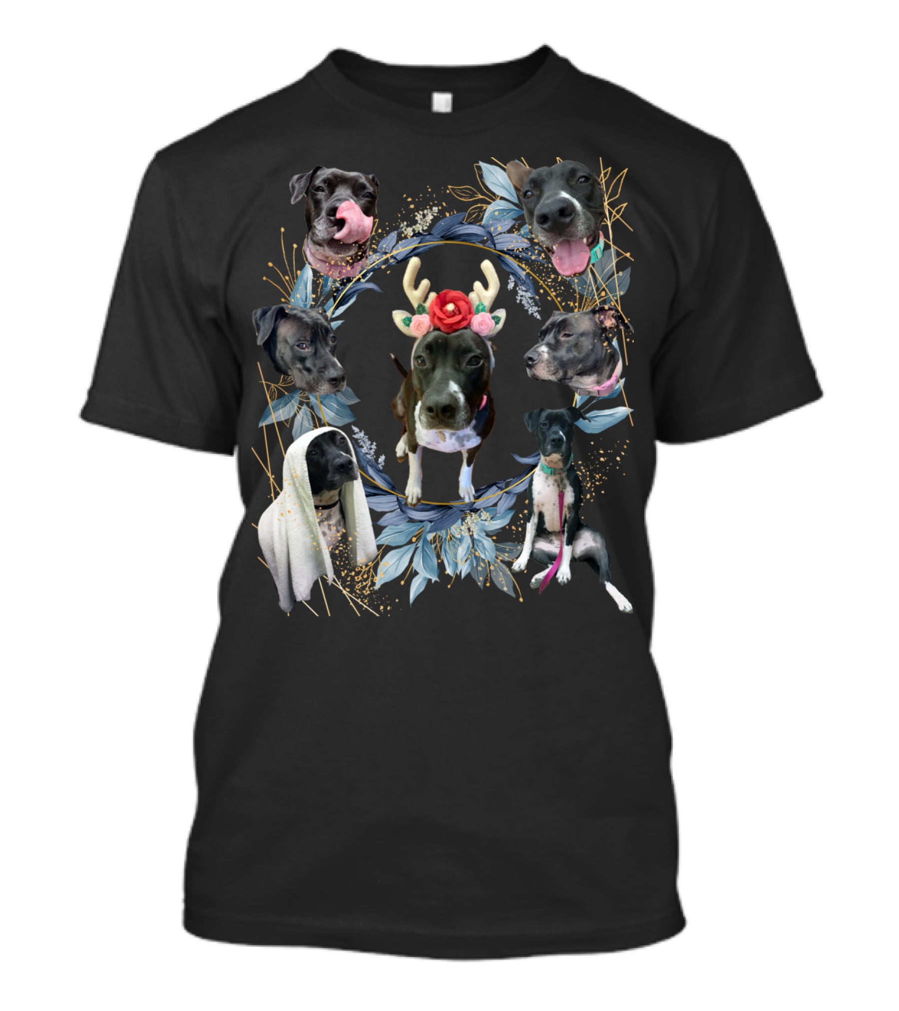 Puppy Holiday Antler Flower Dog Faces Wreath T-Shirt