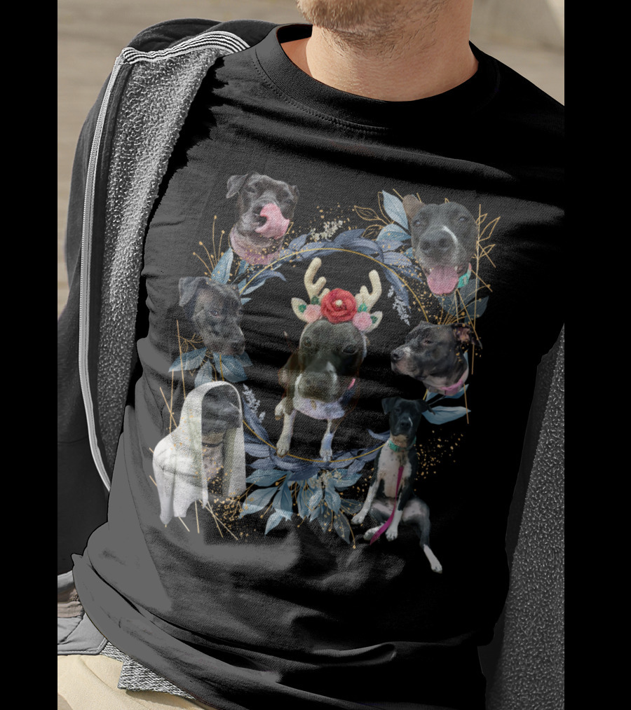 Puppy Holiday Antler Flower Dog Faces Wreath T-Shirt