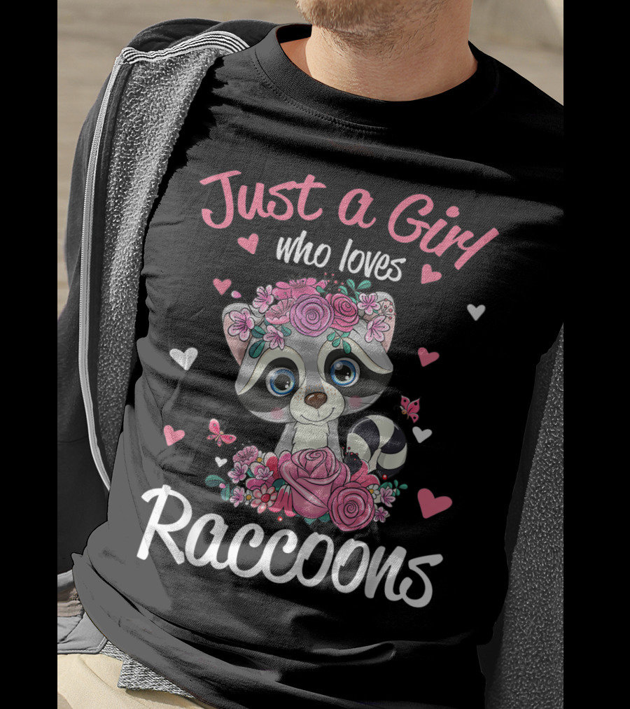 Just A Girl Who Loves Raccoons Floral Hearts T-Shirt