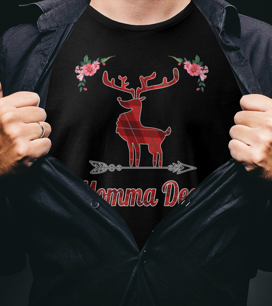 Red Plaid Momma Deer Buffalo Reindeer Floral T-Shirt