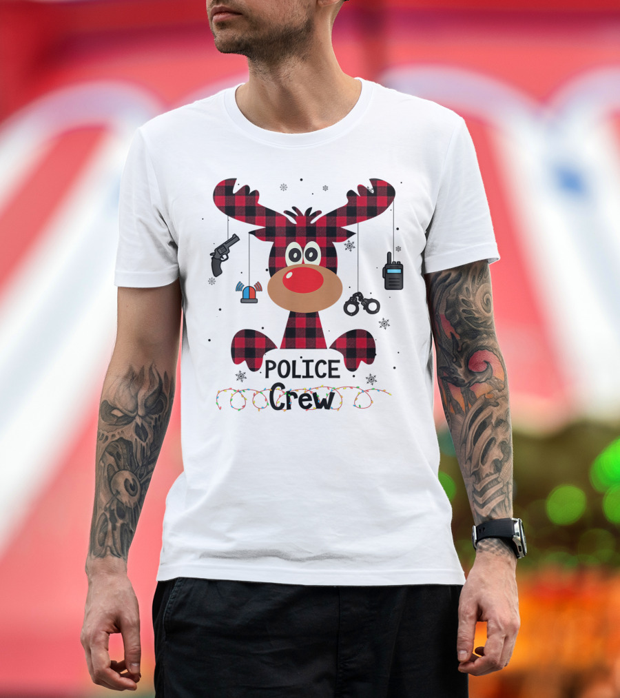 Red Plaid Reindeer Face Police Crew With Holiday Lights And Law Enforcement Icons T-Shirt