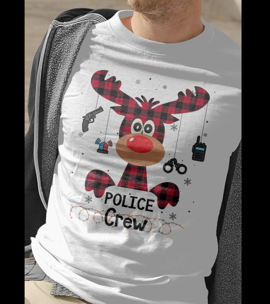 Red Plaid Reindeer Face Police Crew With Holiday Lights And Law Enforcement Icons T-Shirt