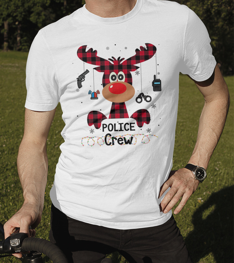 Red Plaid Reindeer Face Police Crew With Holiday Lights And Law Enforcement Icons T-Shirt