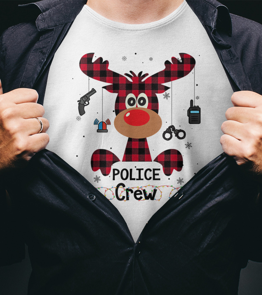 Red Plaid Reindeer Face Police Crew With Holiday Lights And Law Enforcement Icons T-Shirt