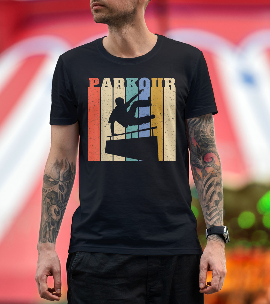 Retro Parkour Silhouette Against Striped Vintage Backdrop T-Shirt