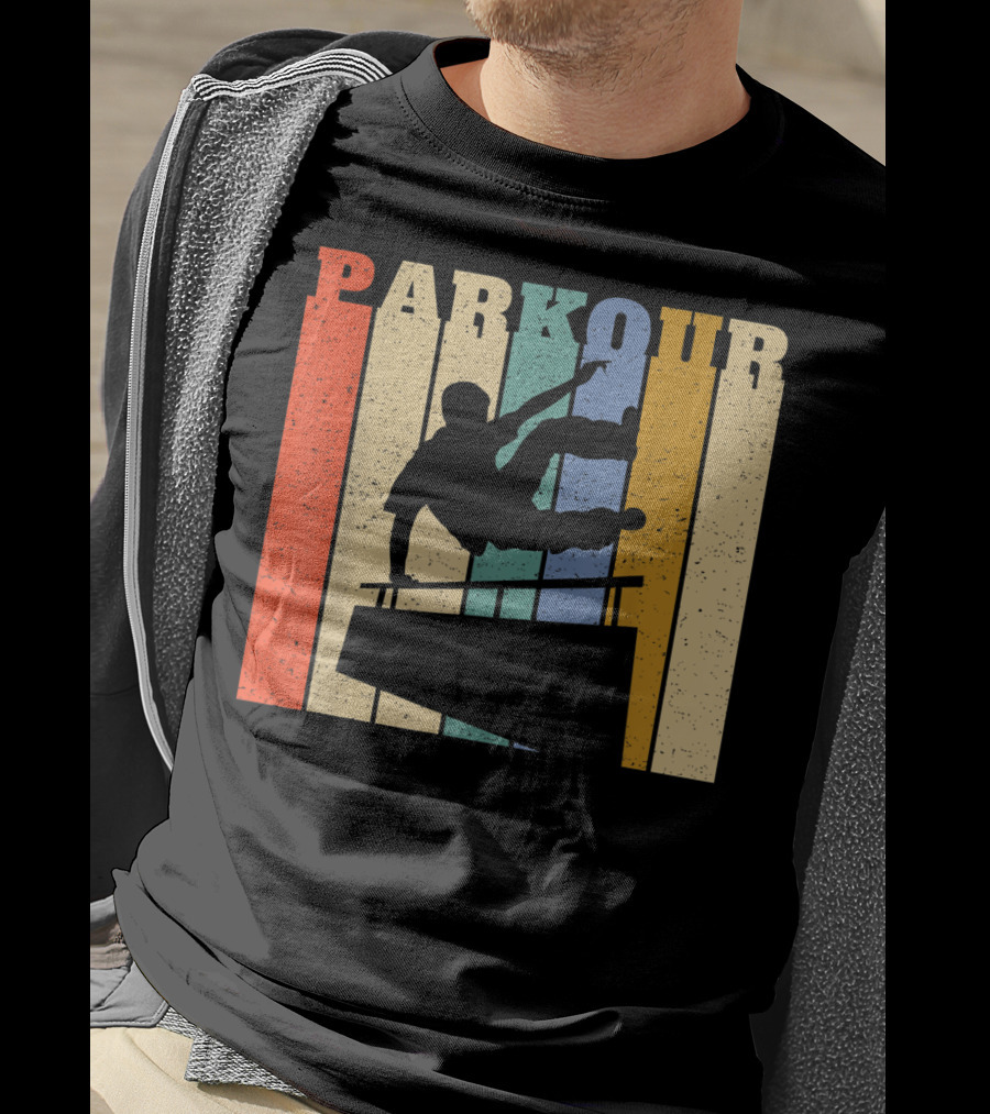 Retro Parkour Silhouette Against Striped Vintage Backdrop T-Shirt
