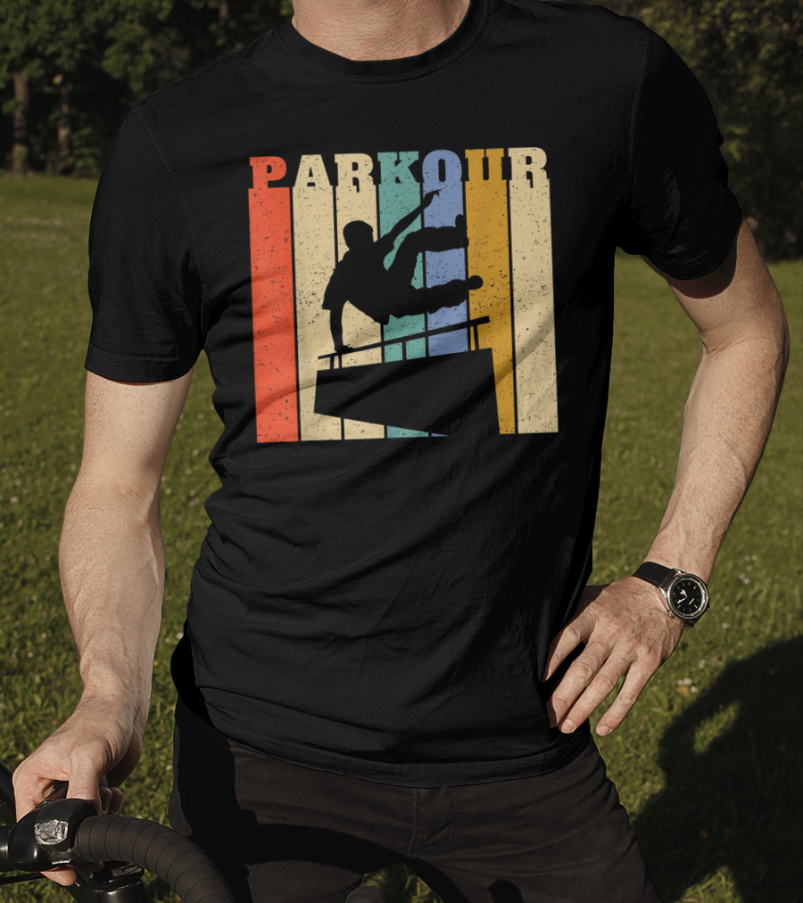Retro Parkour Silhouette Against Striped Vintage Backdrop T-Shirt