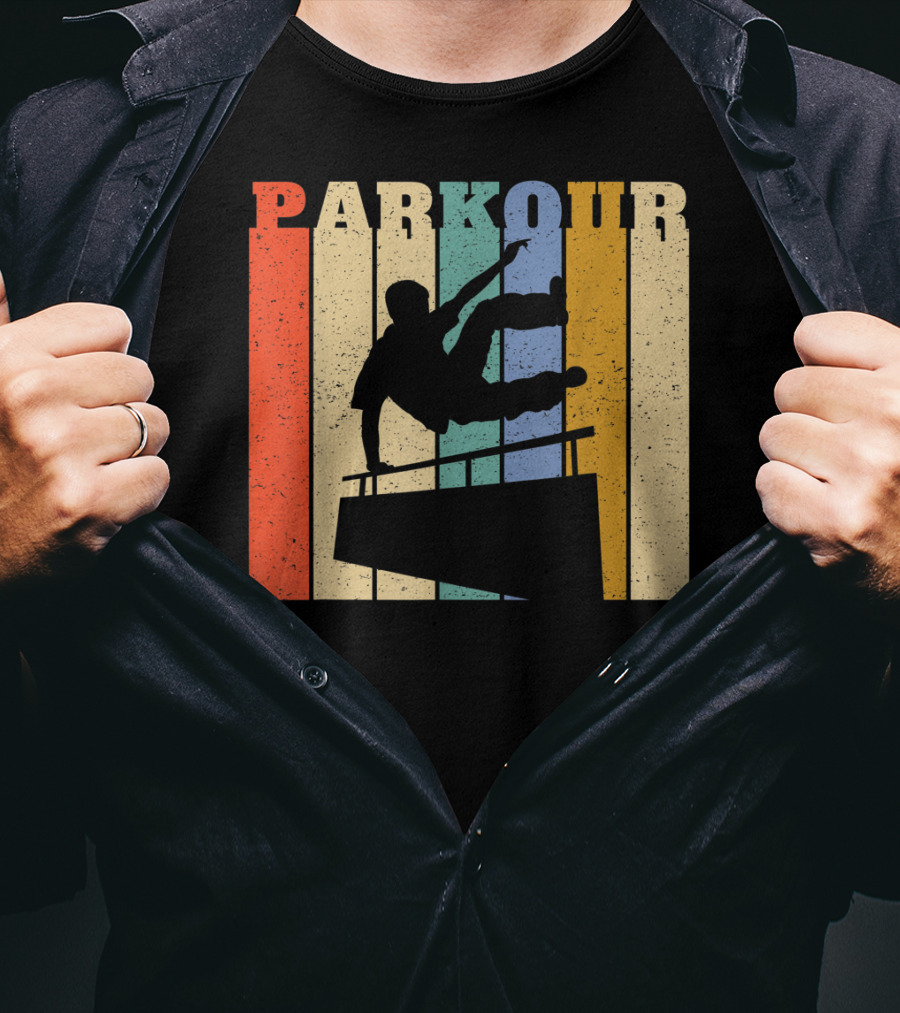 Retro Parkour Silhouette Against Striped Vintage Backdrop T-Shirt
