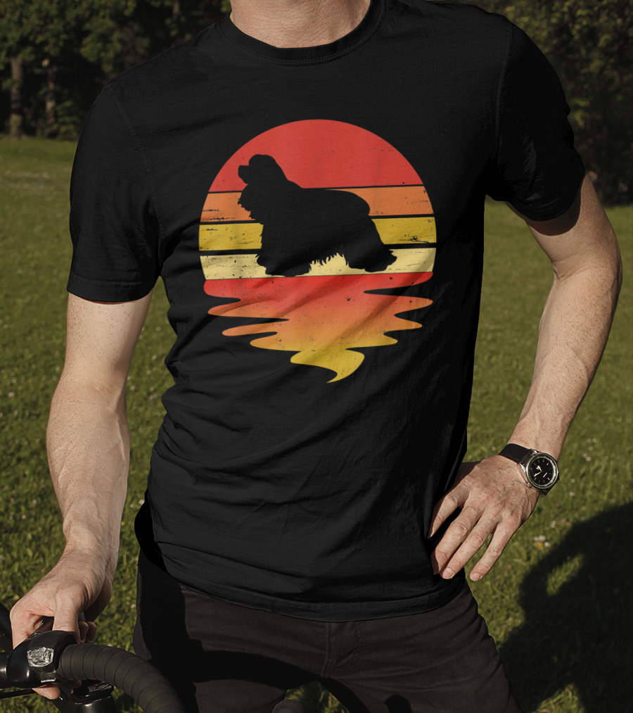 Retro Sunset Cocker Spaniel Silhouette Vintage 70s Style Dog Scene T-Shirt
