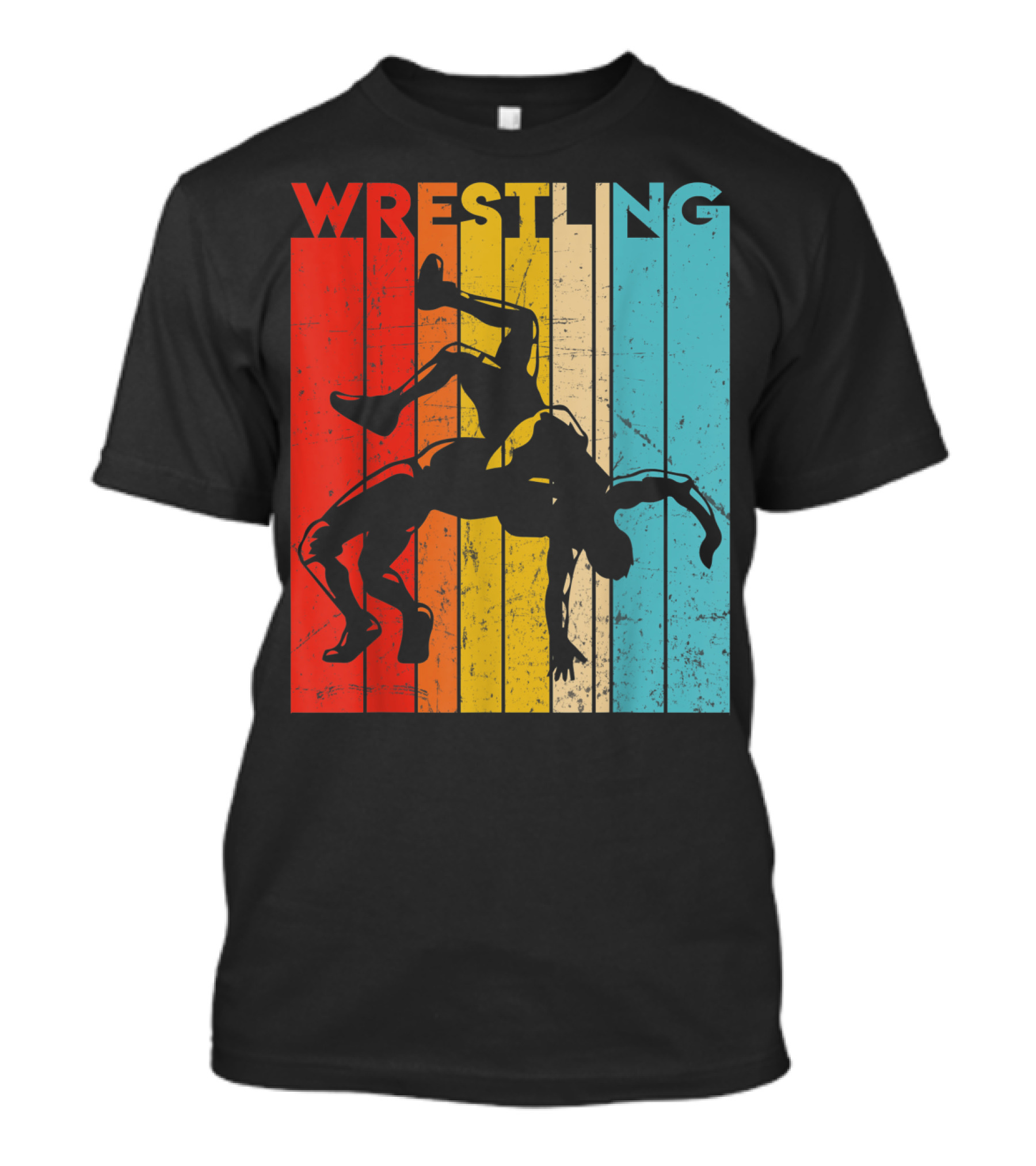 Wrestling Retro Vintage Silhouette Players On Colorful Stripes T-Shirt