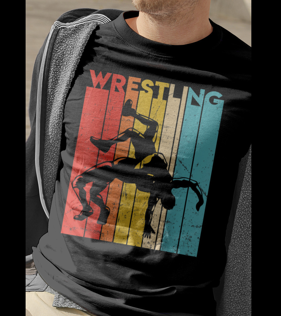 Wrestling Retro Vintage Silhouette Players On Colorful Stripes T-Shirt