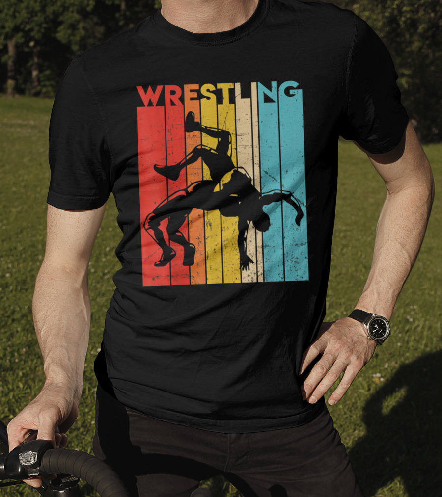Wrestling Retro Vintage Silhouette Players On Colorful Stripes T-Shirt