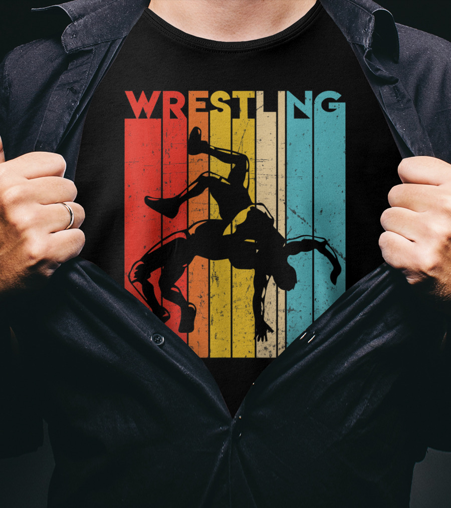 Wrestling Retro Vintage Silhouette Players On Colorful Stripes T-Shirt