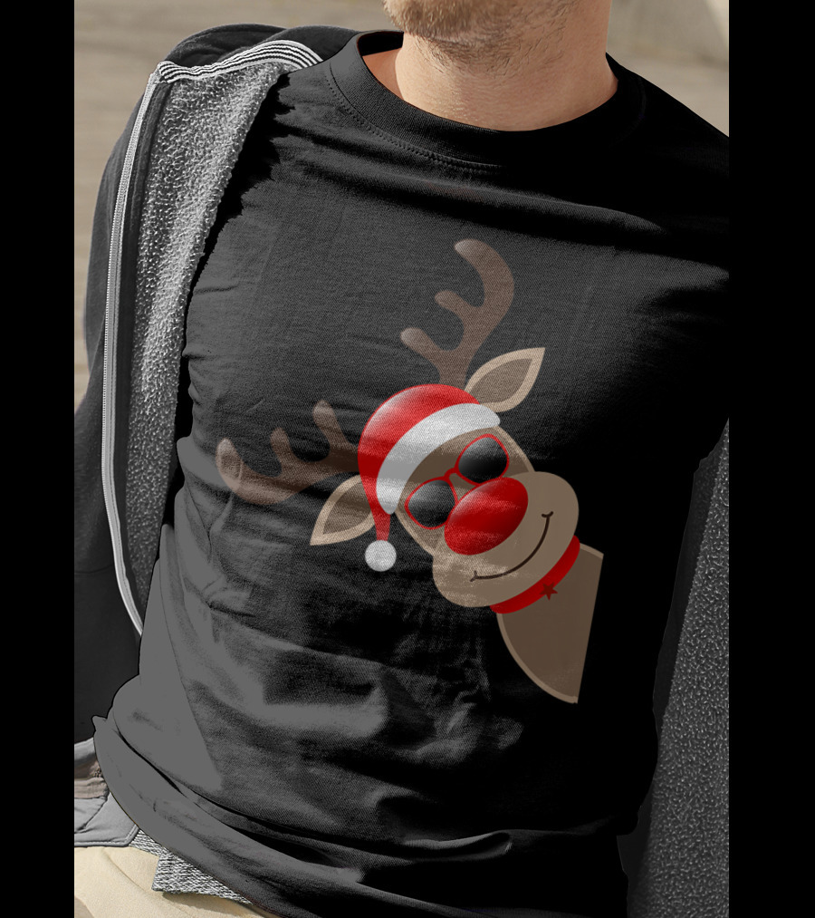 Rudolph Red Nose Reindeer Santa Hat Sunglasses T-Shirt