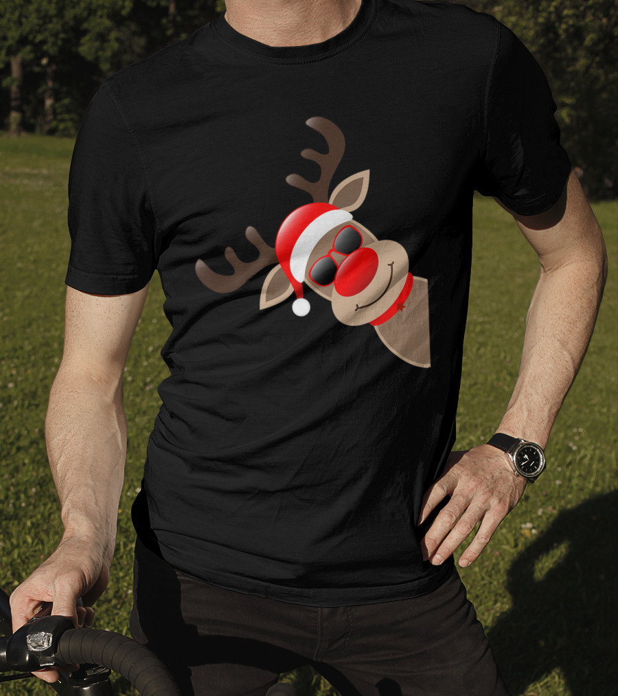Rudolph Red Nose Reindeer Santa Hat Sunglasses T-Shirt