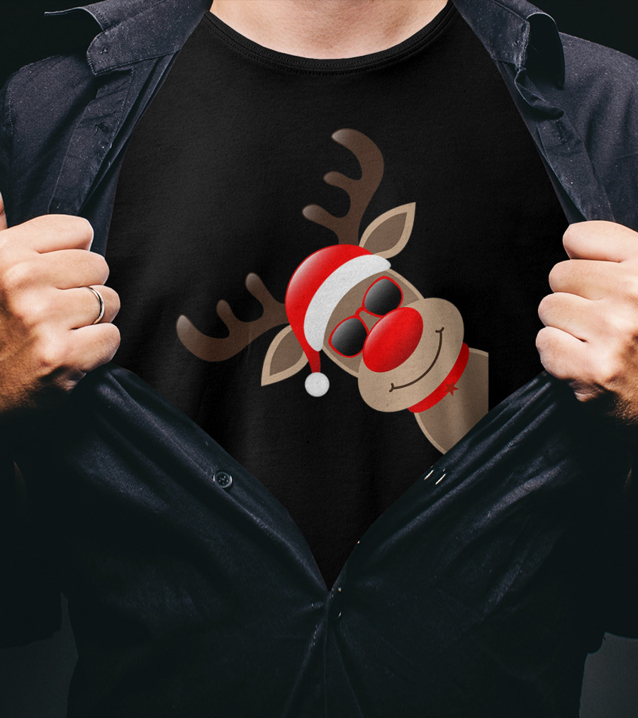 Rudolph Red Nose Reindeer Santa Hat Sunglasses T-Shirt