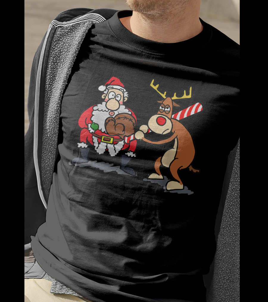 Santa Reindeer Candy Cane Baseball Softball Player Christmas T-Shirt