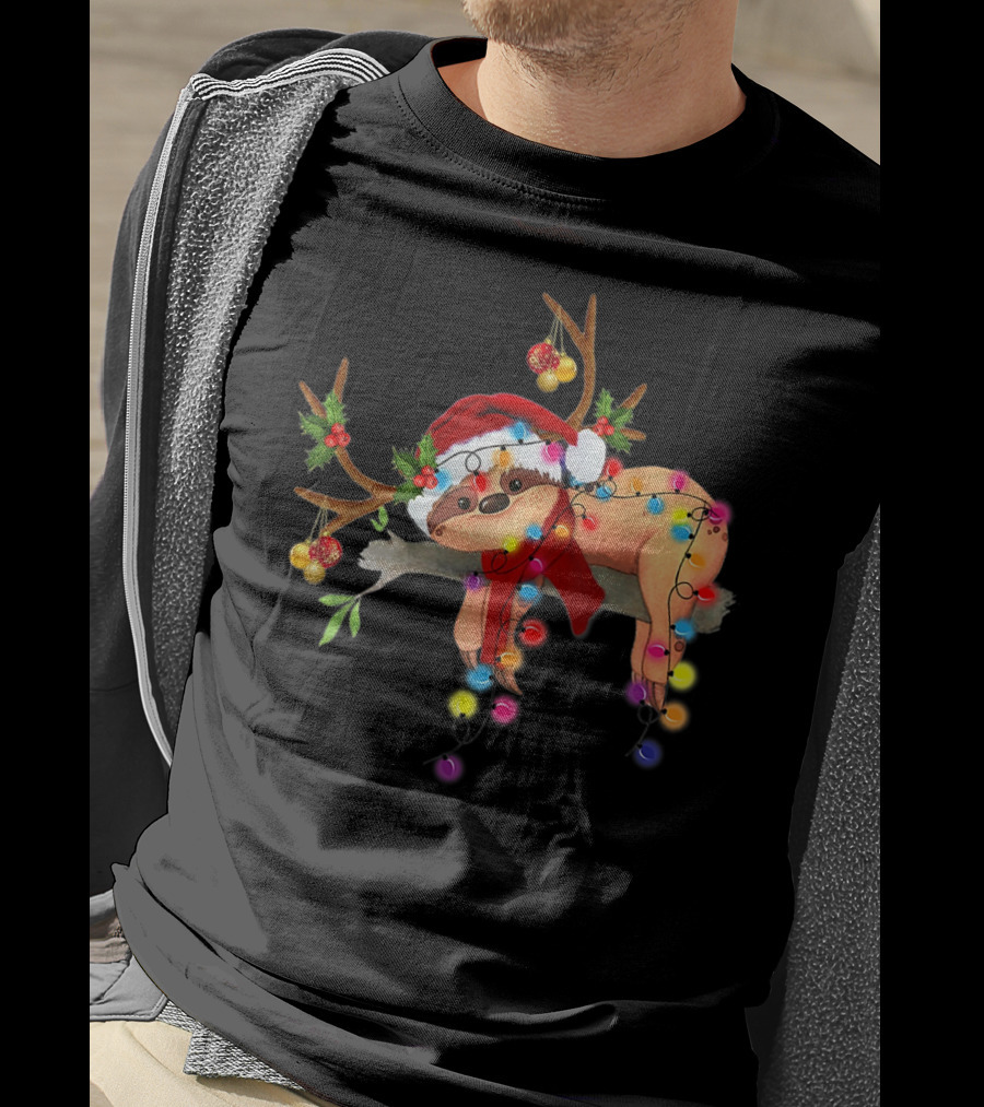 Santa Sloth Reindeer With Christmas Lights And Hat T-Shirt