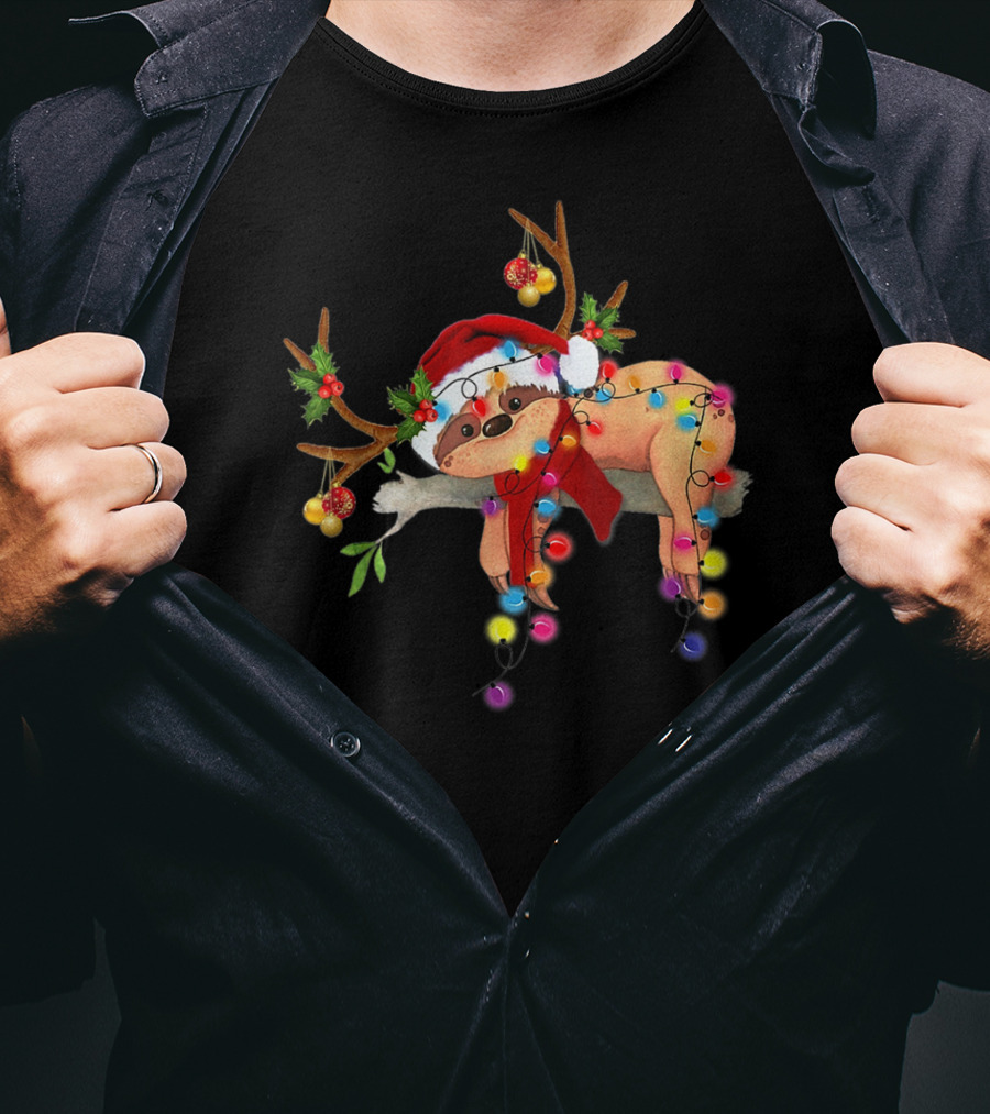 Santa Sloth Reindeer With Christmas Lights And Hat T-Shirt