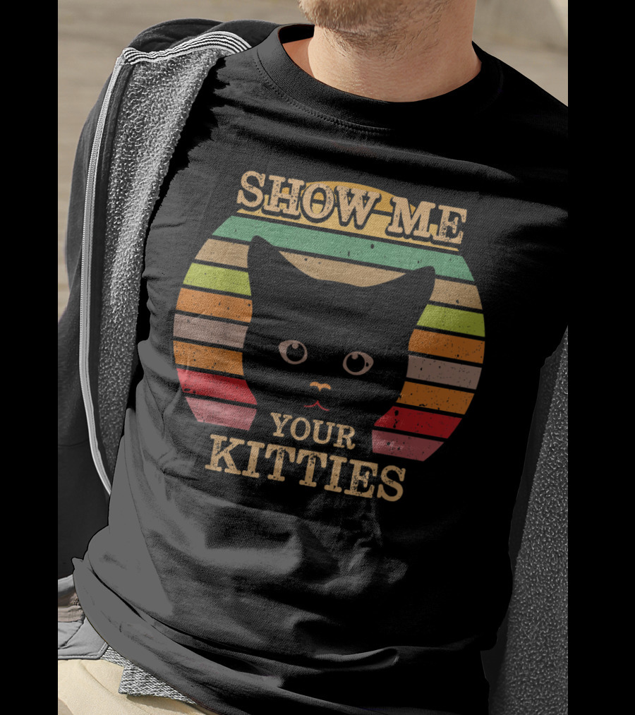 Show Me Your Kitties Retro Cat Lover Rainbow Stripes T-Shirt