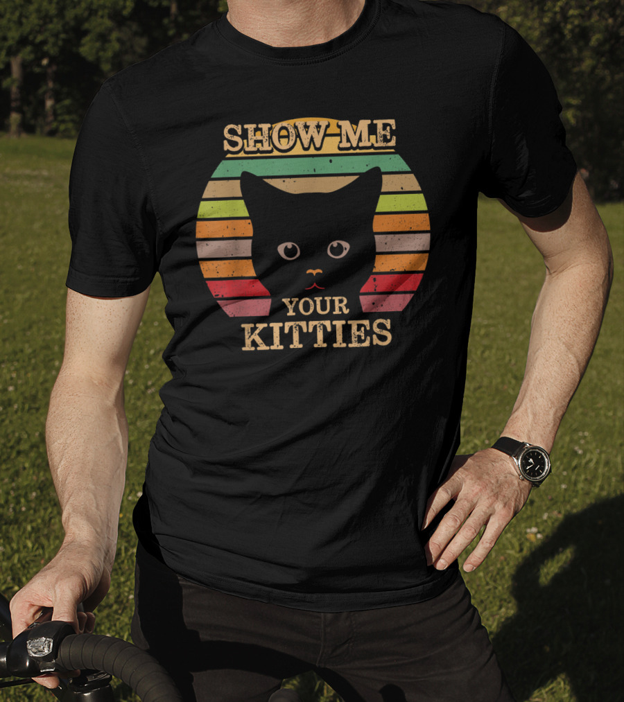 Show Me Your Kitties Retro Cat Lover Rainbow Stripes T-Shirt