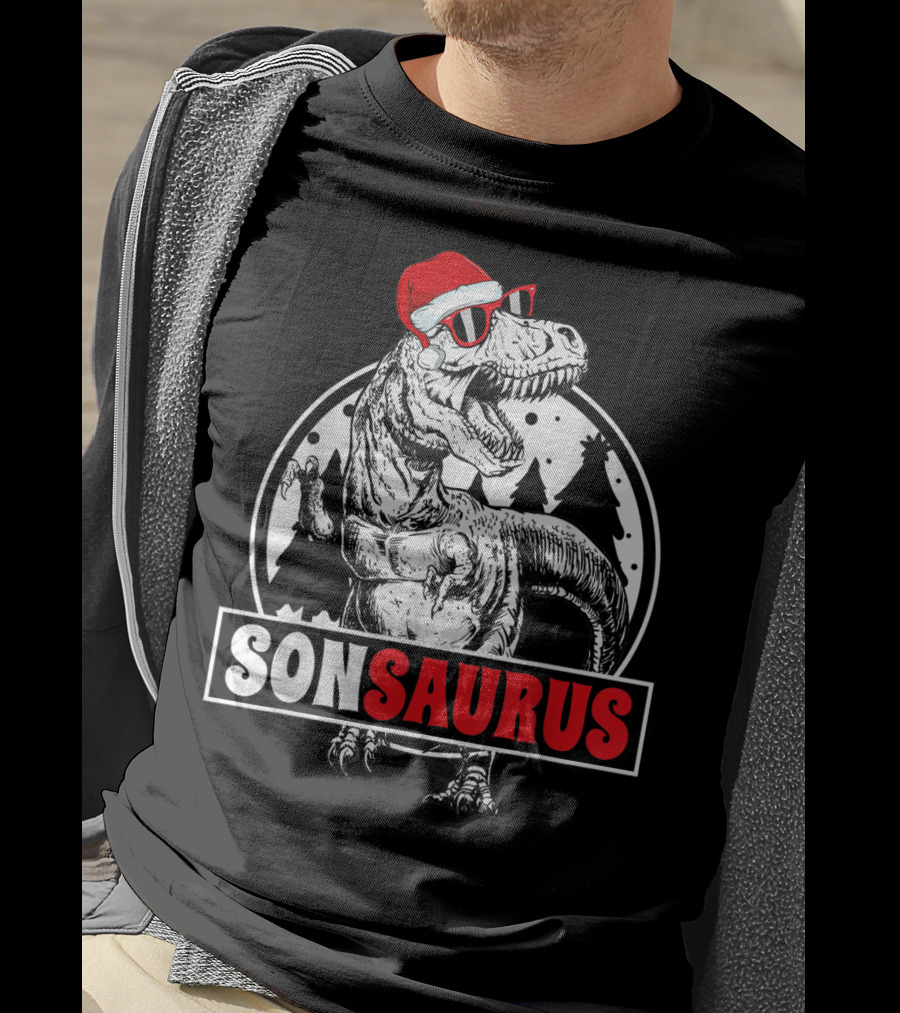 Sonsaurus Christmas Rex T-Rex Dinosaur Holiday Santa Hat T-Shirt