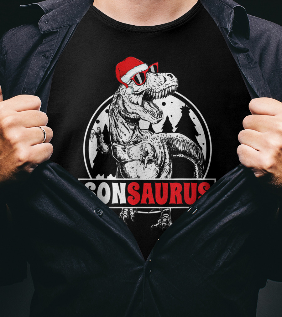 Sonsaurus Christmas Rex T-Rex Dinosaur Holiday Santa Hat T-Shirt