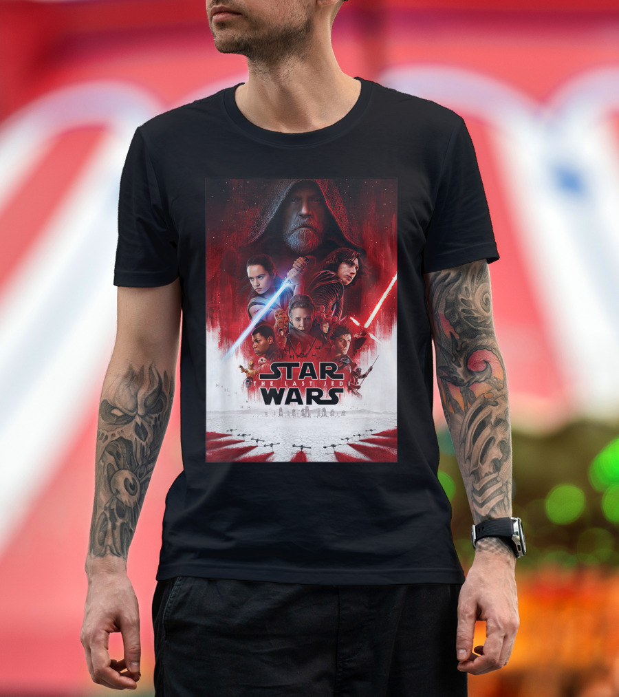 Star Wars The Last Jedi Movie Poster Iconic Characters Light Side and Dark Side Duel T-Shirt