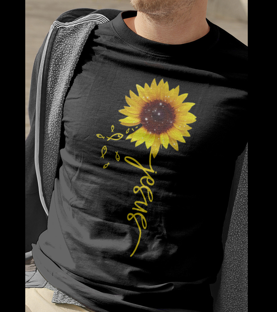 Sunflower Jesus Christian Faith Cross With Ichthys Symbols T-Shirt