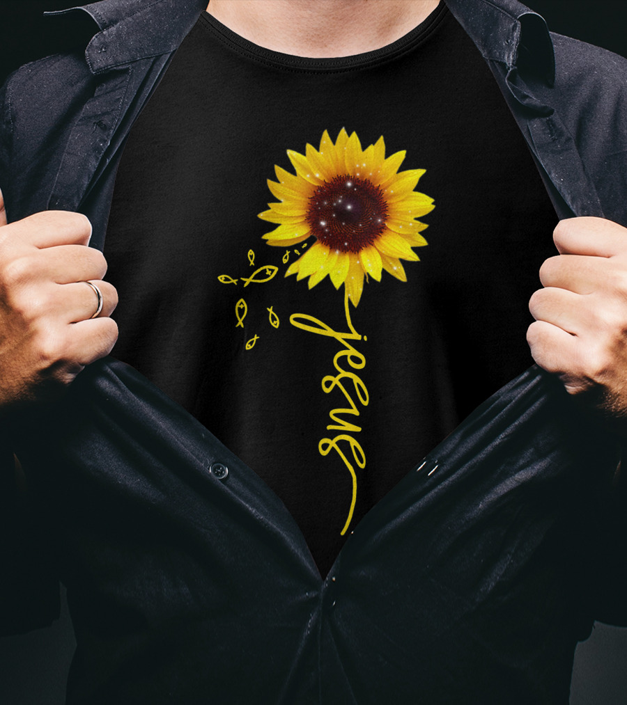 Sunflower Jesus Christian Faith Cross With Ichthys Symbols T-Shirt