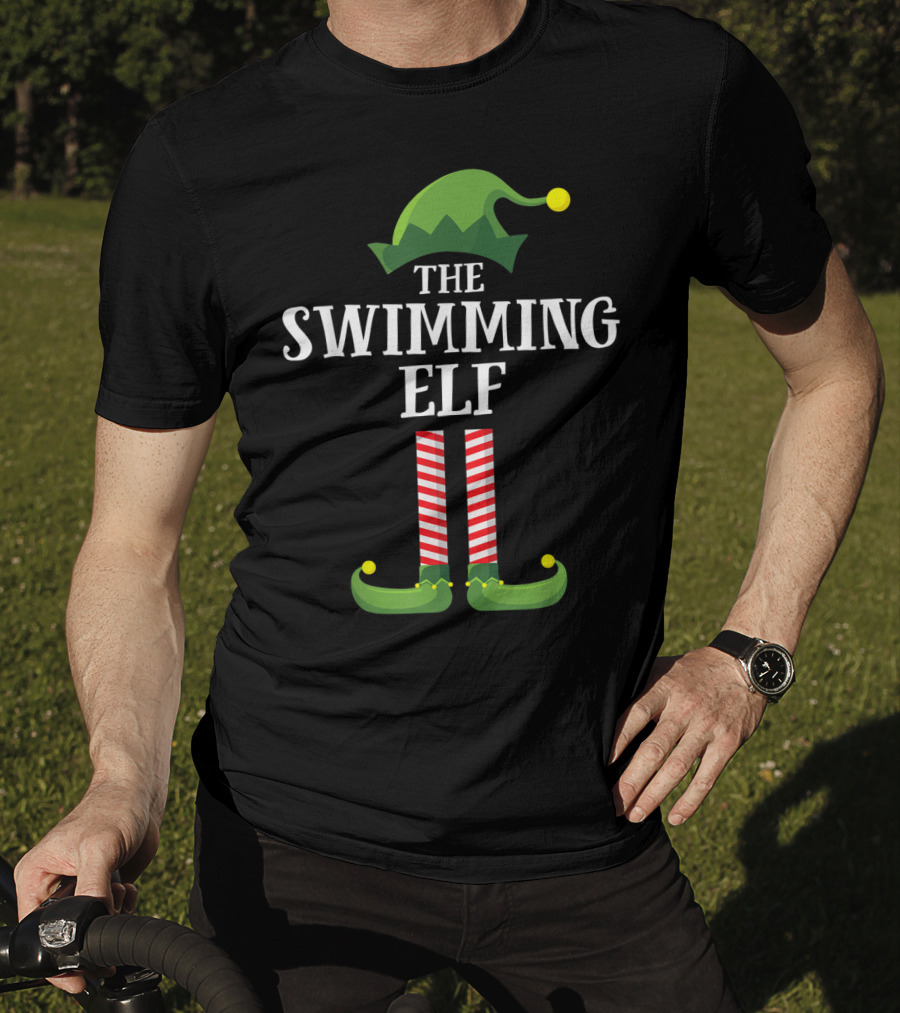 The Swimming Elf Matching Family Group Christmas Hat And Striped Stockings T-Shirt