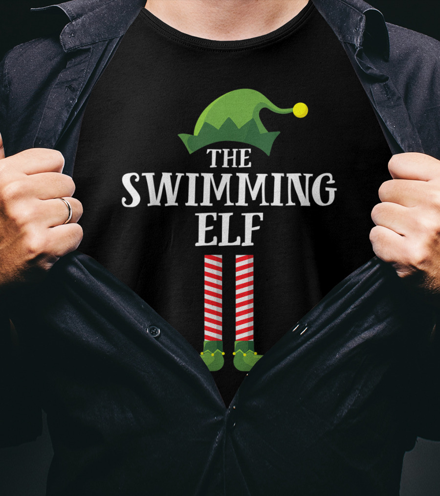 The Swimming Elf Matching Family Group Christmas Hat And Striped Stockings T-Shirt