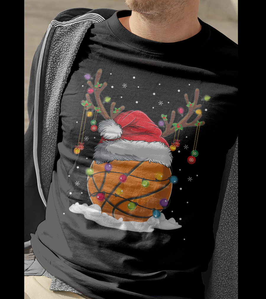 This Is My Christmas Basketball Player Santa Hat Reindeer Antlers Lights T-Shirt