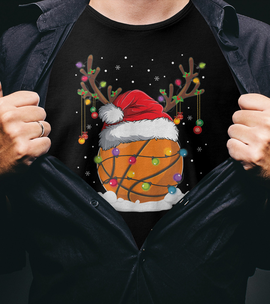 This Is My Christmas Basketball Player Santa Hat Reindeer Antlers Lights T-Shirt