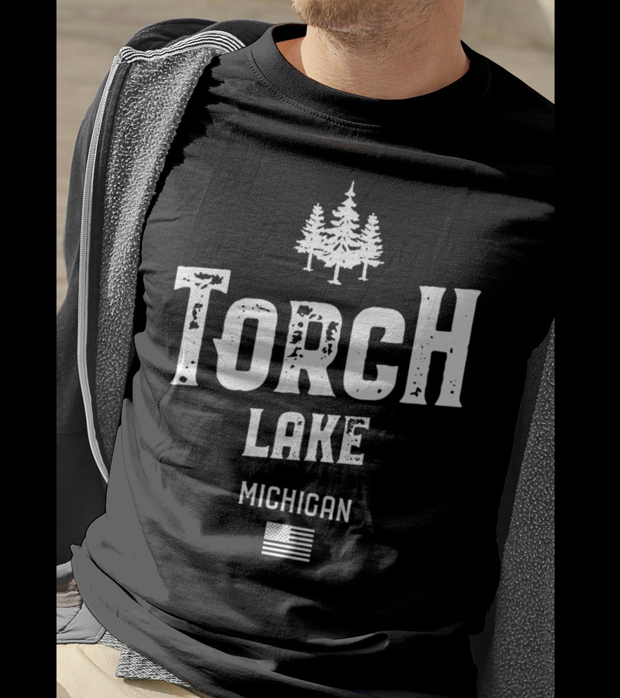Torch Lake Michigan Trees And American Flag T-Shirt