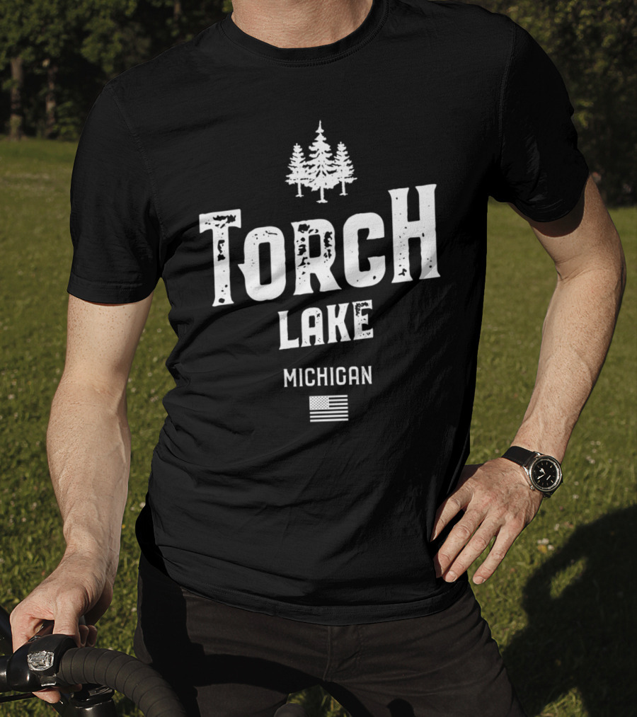 Torch Lake Michigan Trees And American Flag T-Shirt