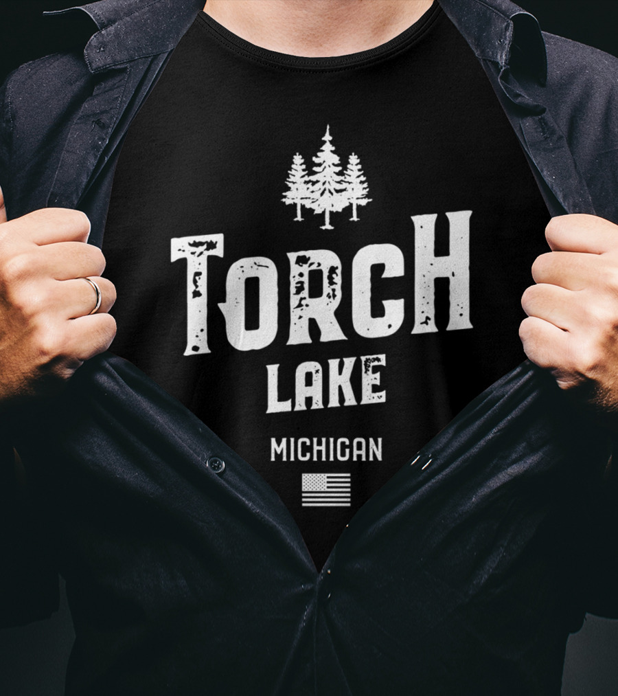 Torch Lake Michigan Trees And American Flag T-Shirt