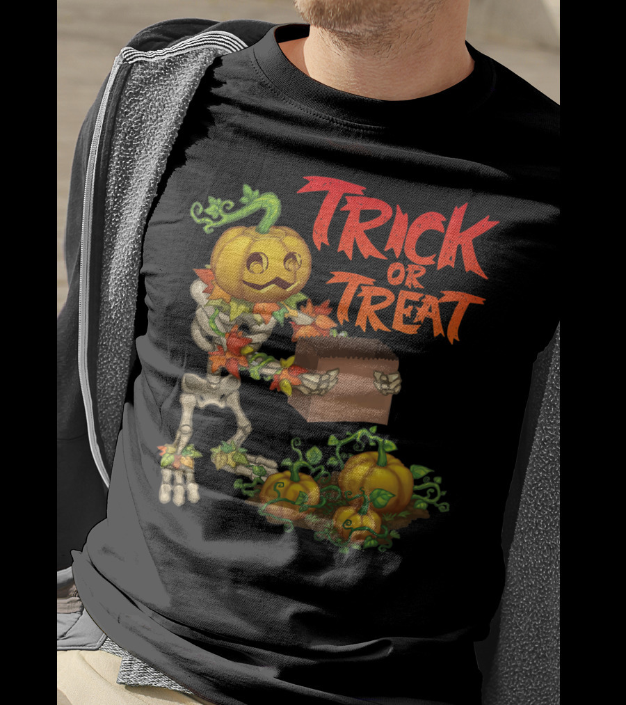 Trick Or Treat Punkleton Skeleton With Pumpkins And Candy Box T-Shirt